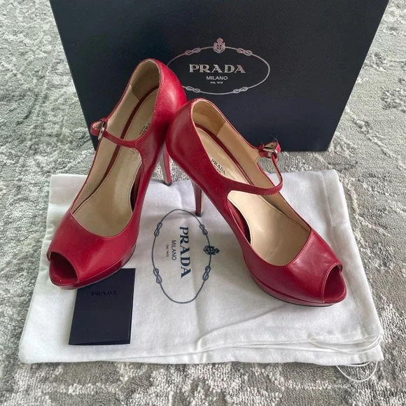 Red Prada platform ankle strap heel size 37.5 - Picture 3 of 8